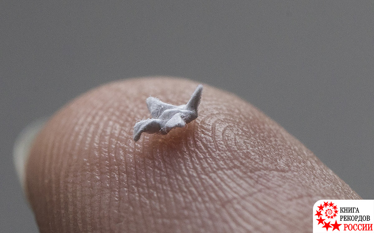 Самая маленькая бумажная фигурка оригами «Журавль, машущий крыльями», сложенная вручную без использования вспомогательных приспособлений